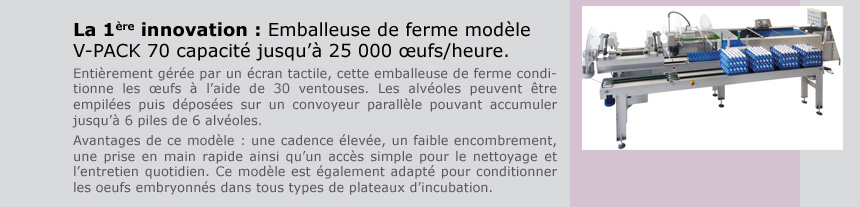 La première innovation : Emballeuse de ferme modèle V-PACK 70 capacité jusqu'à 25 000 ufs/heure.